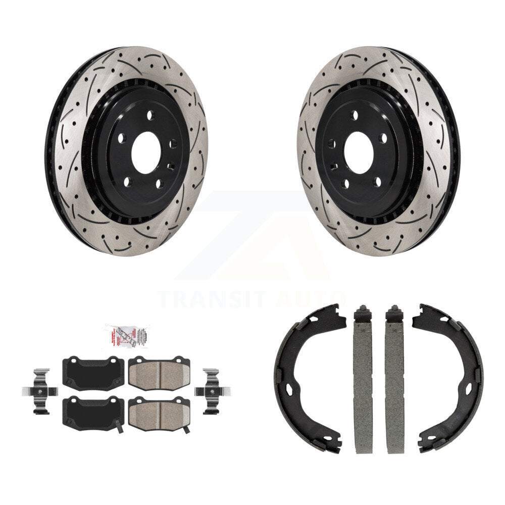 Rear Disc Drilled & Slotted Rotors Ceramic Pads Parking Shoes Kit For Chevrolet Camaro KDA-103445