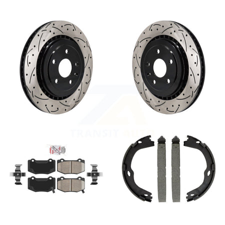 Rear Disc Drilled & Slotted Rotors Ceramic Pads Parking Shoes Kit For Chevrolet Camaro KDA-103445