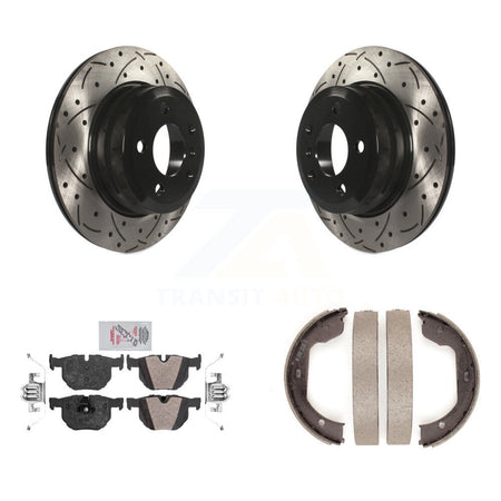 Rear Disc Drilled & Slotted Rotors Semi-Metallic Pads And Parking Shoes Kit For BMW X5 X6 KDA-103446