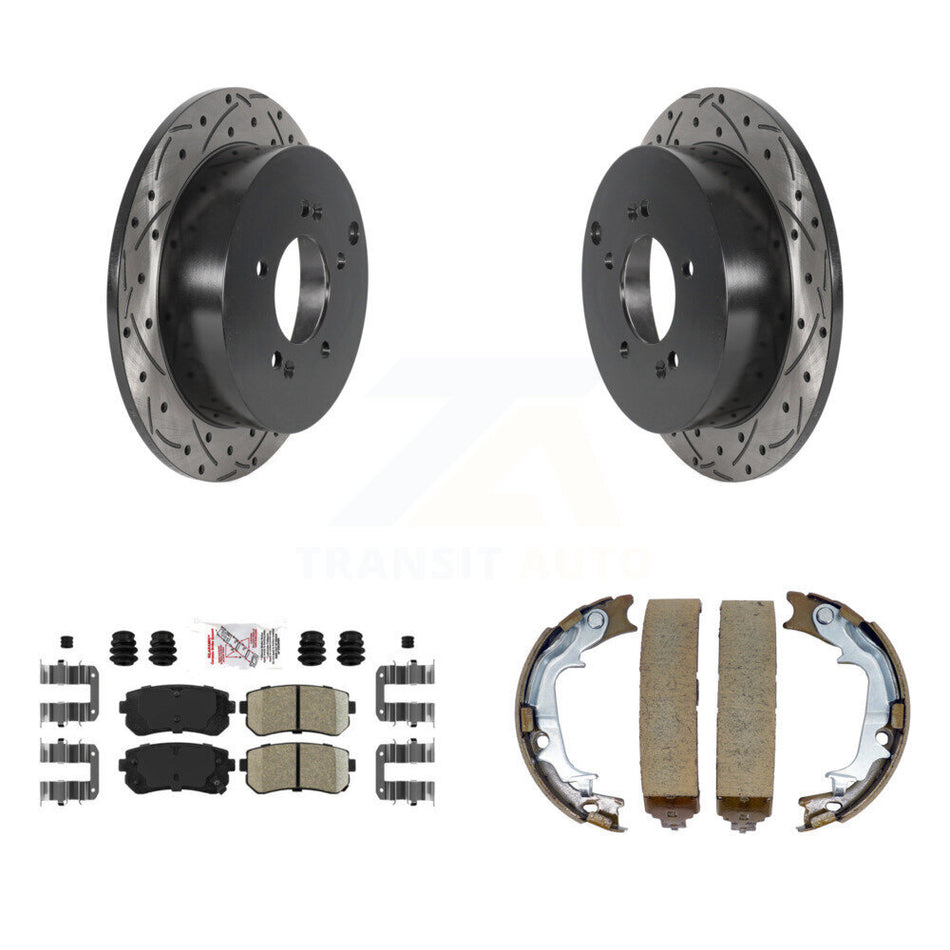 Rear Disc Drilled & Slotted Rotors Ceramic Pads Parking Shoes Kit For Hyundai Tucson Kia KDA-103448