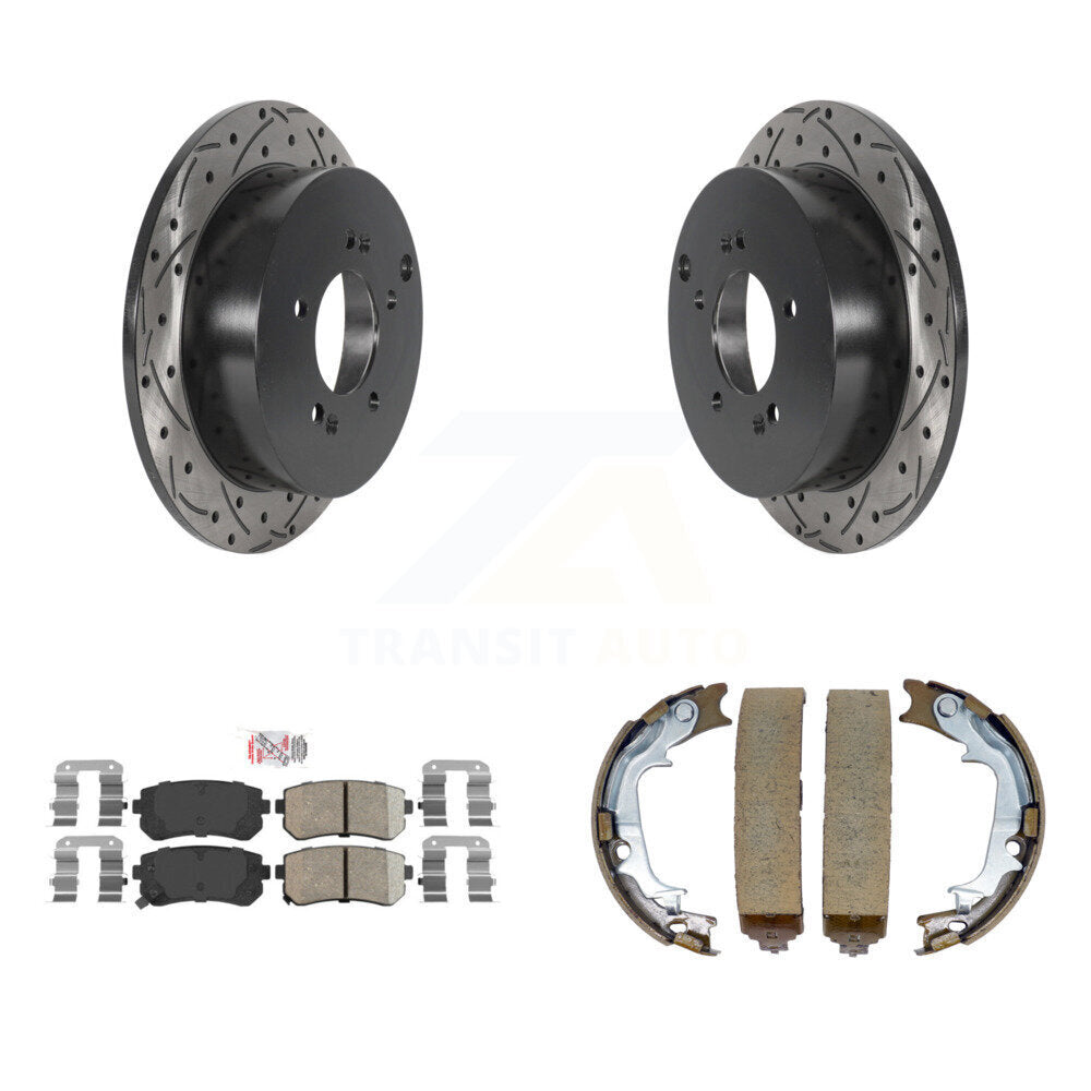 Rear Disc Drilled & Slotted Rotors Ceramic Pads Parking Shoes Kit For Hyundai Tucson Kia KDA-103449