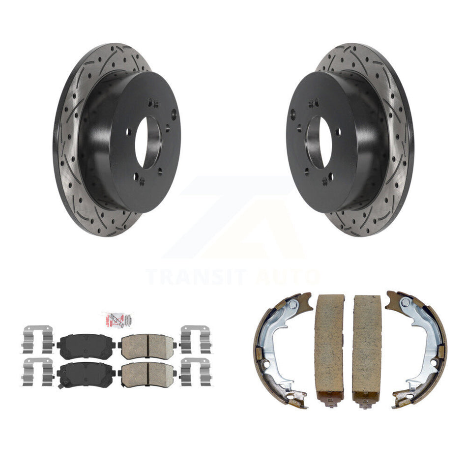 Rear Disc Drilled & Slotted Rotors Ceramic Pads Parking Shoes Kit For Hyundai Tucson Kia KDA-103449