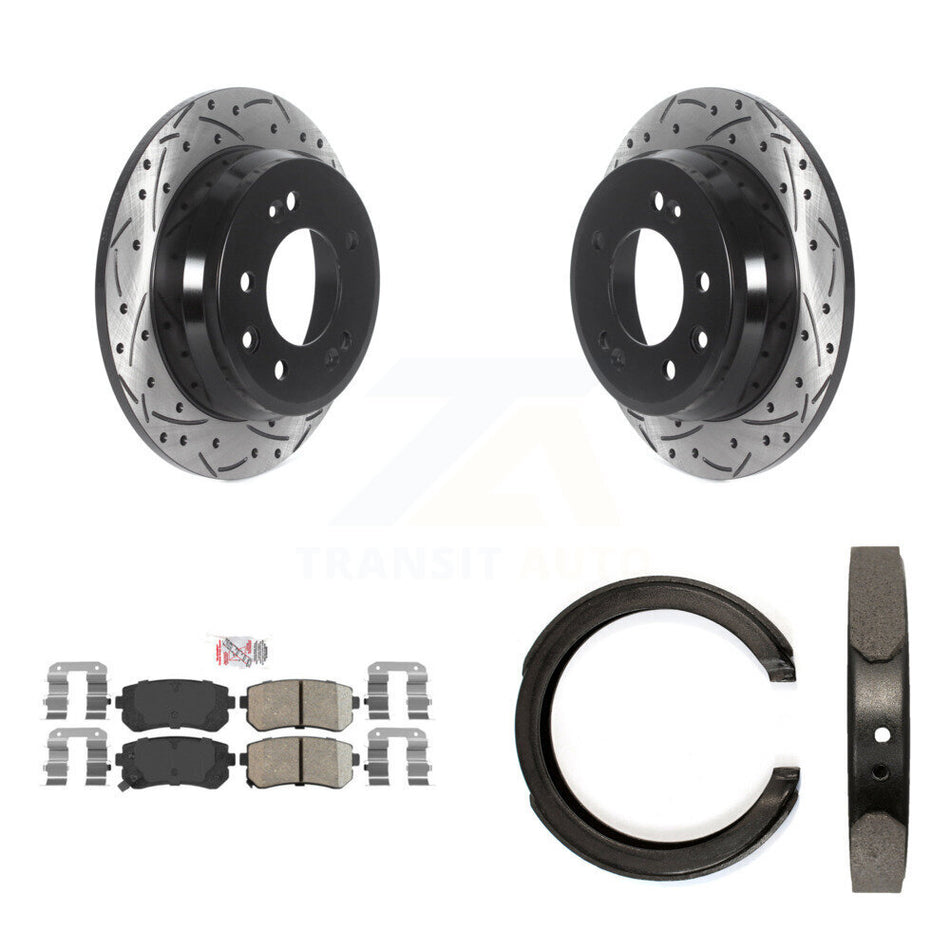 Rear Disc Drilled & Slotted Rotors Ceramic Pads Parking Shoes Kit For Kia Sportage FWD KDA-103451