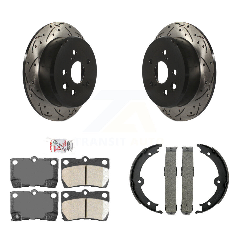 Rear Disc Drilled & Slotted Rotors Ceramic Pads Parking Brake Shoes Kit For Lexus IS250 KDA-103454