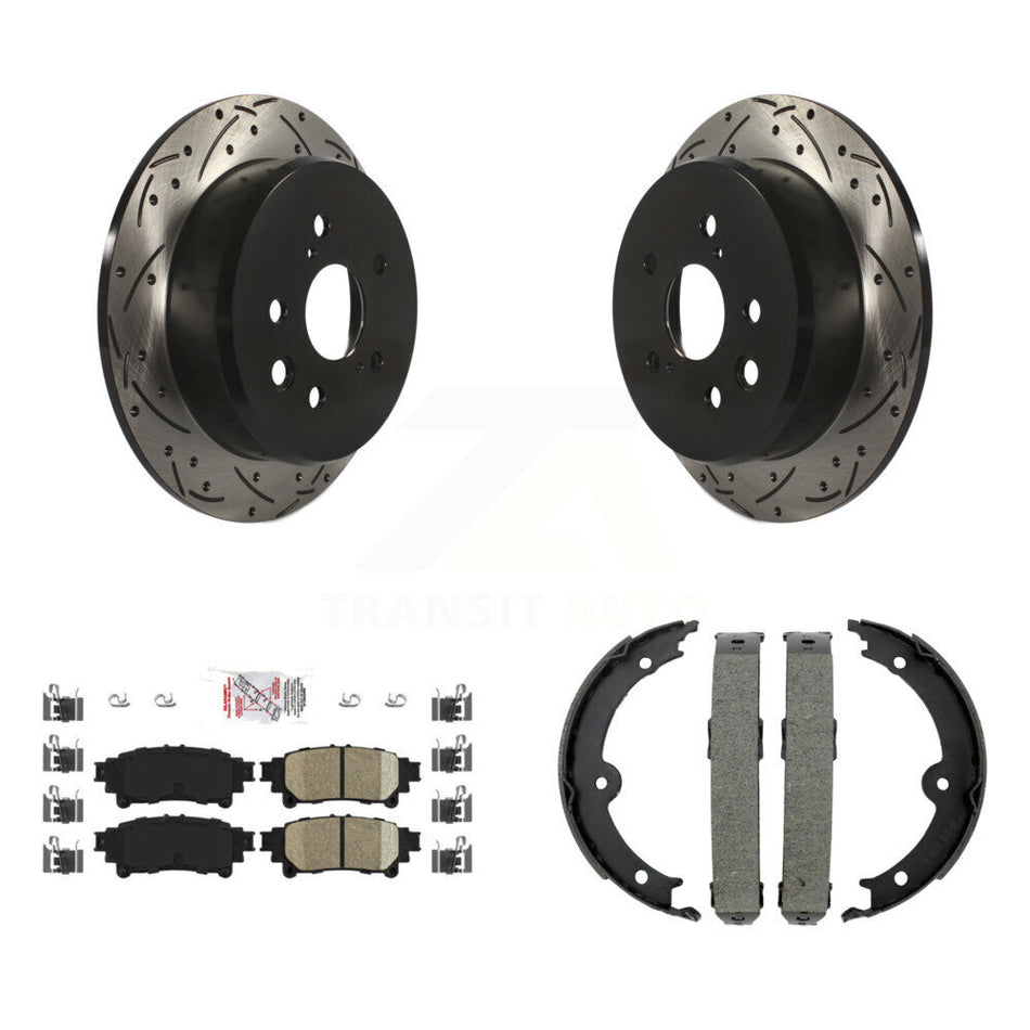 Rear Disc Drilled & Slotted Rotors Ceramic Pads Parking Brake Shoes Kit For Lexus IS250 KDA-103456