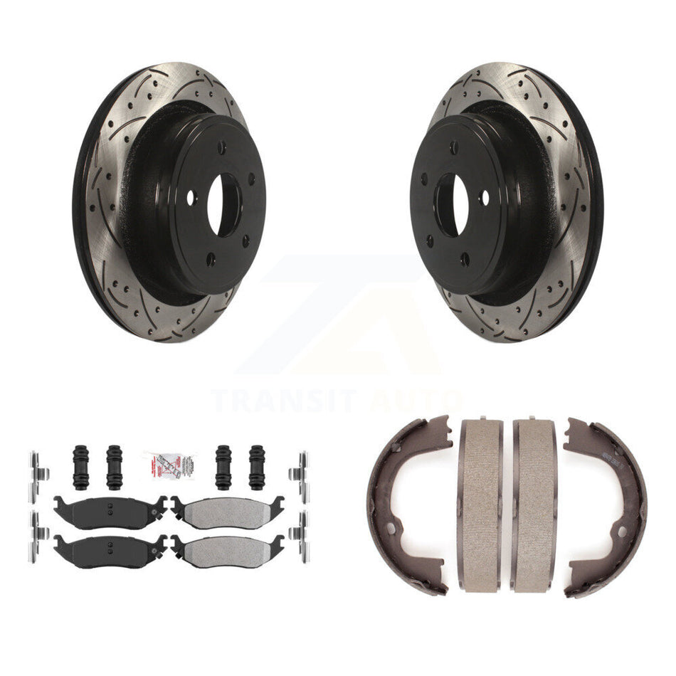 Rear Disc Drilled & Slotted Rotors Semi-Metallic Pads And Parking Shoes Kit For Ram 1500 KDA-103457