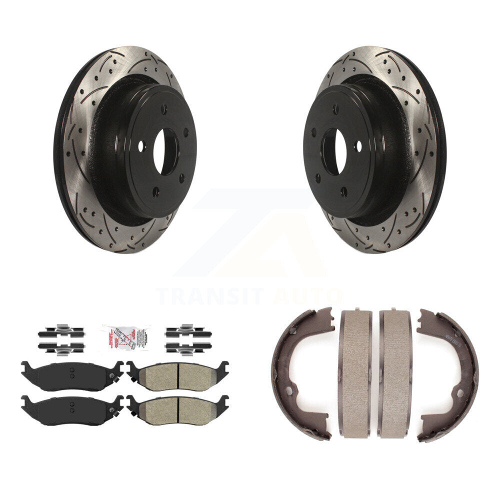 Rear Disc Drilled & Slotted Rotors Semi-Metallic Pads And Parking Shoes Kit For Ram 1500 KDA-103458