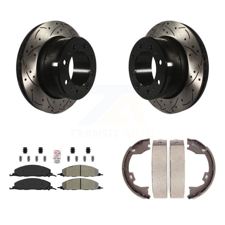 Rear Disc Drilled & Slotted Rotors Semi-Metallic Pads Parking Shoes Kit For Ram 3500 2500 KDA-103459