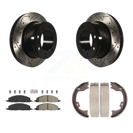 Rear Disc Drilled & Slotted Rotors Semi-Metallic Pads Parking Shoes Kit For Ram 3500 2500 KDA-103460
