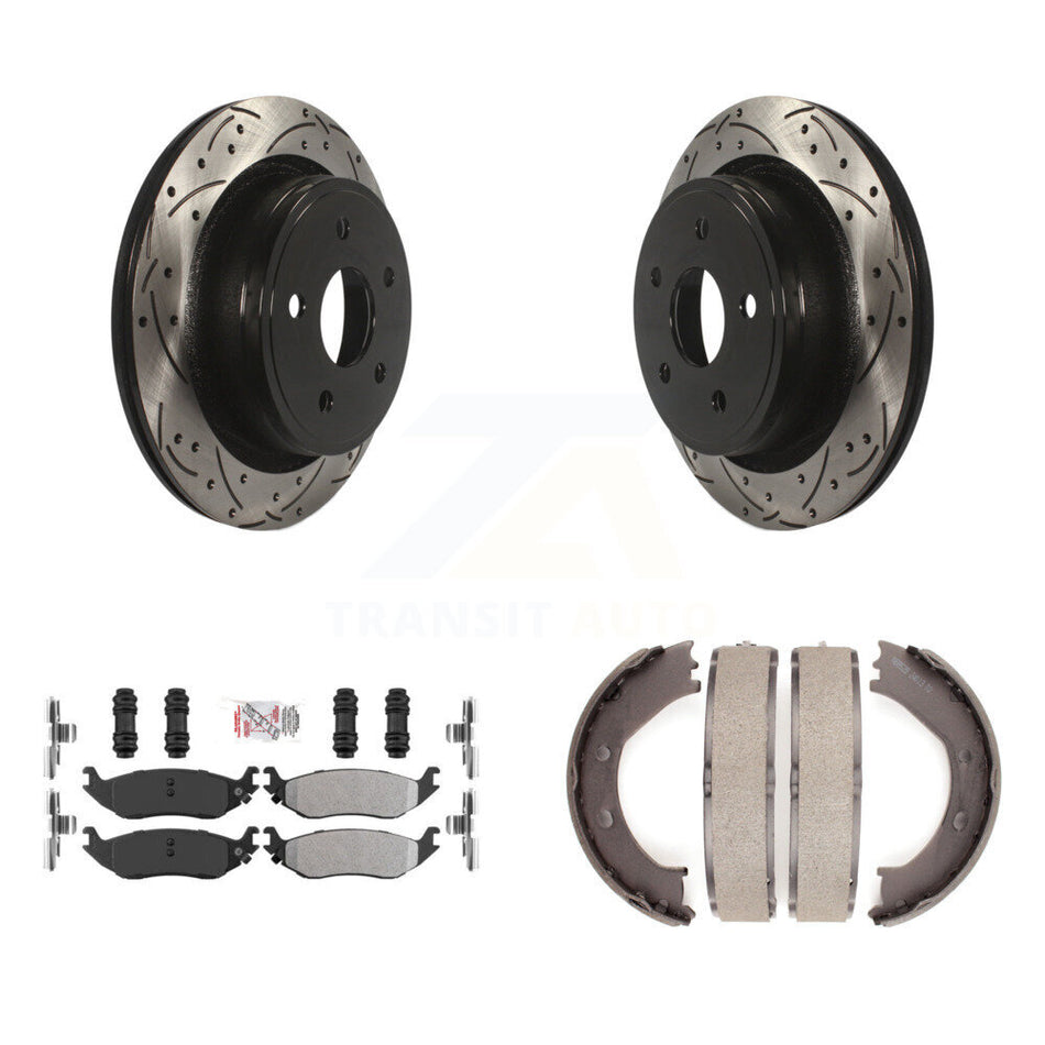 Rear Disc Drilled & Slotted Rotors Semi-Metallic Pads And Parking Shoes Kit For Dodge Ram KDA-103461