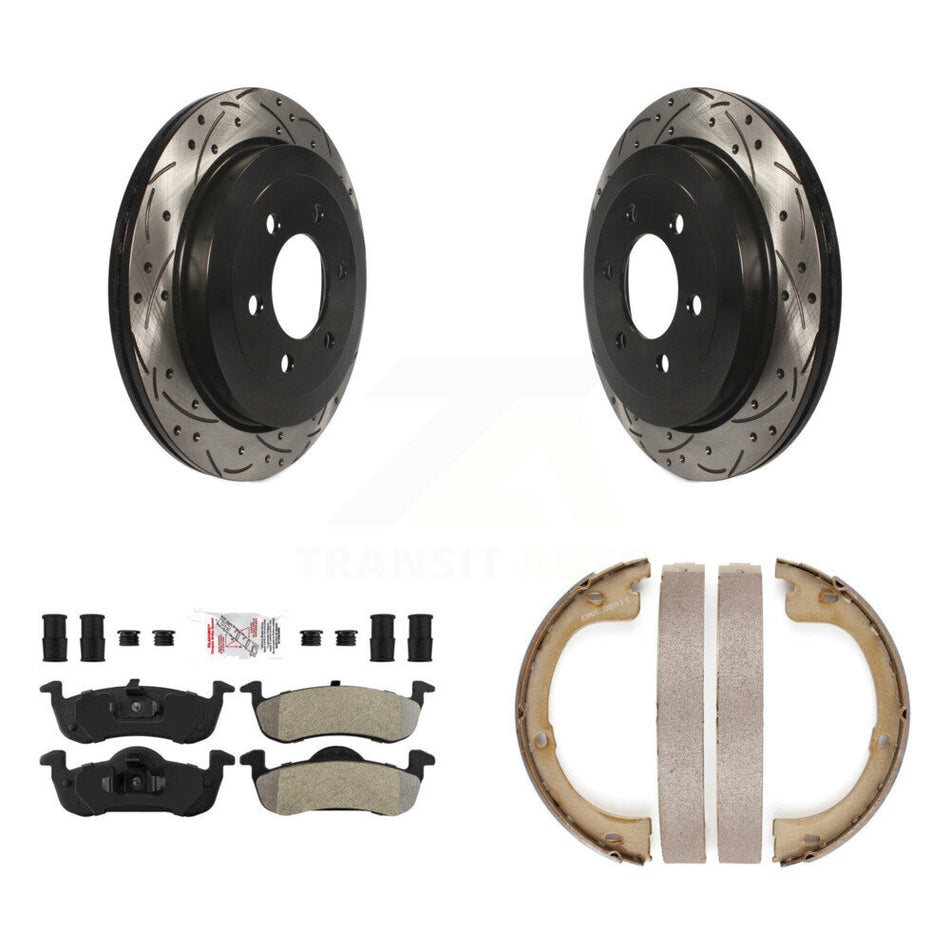 Rear Disc Drilled & Slotted Rotors Semi-Metallic Pads Parking Shoes Kit For Ford Lincoln KDA-103465