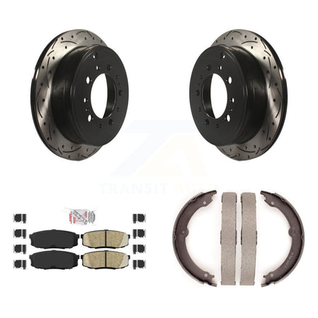 Rear Disc Drilled & Slotted Rotors Ceramic Pads Parking Shoes Kit For Toyota Tundra Lexus KDA-103470