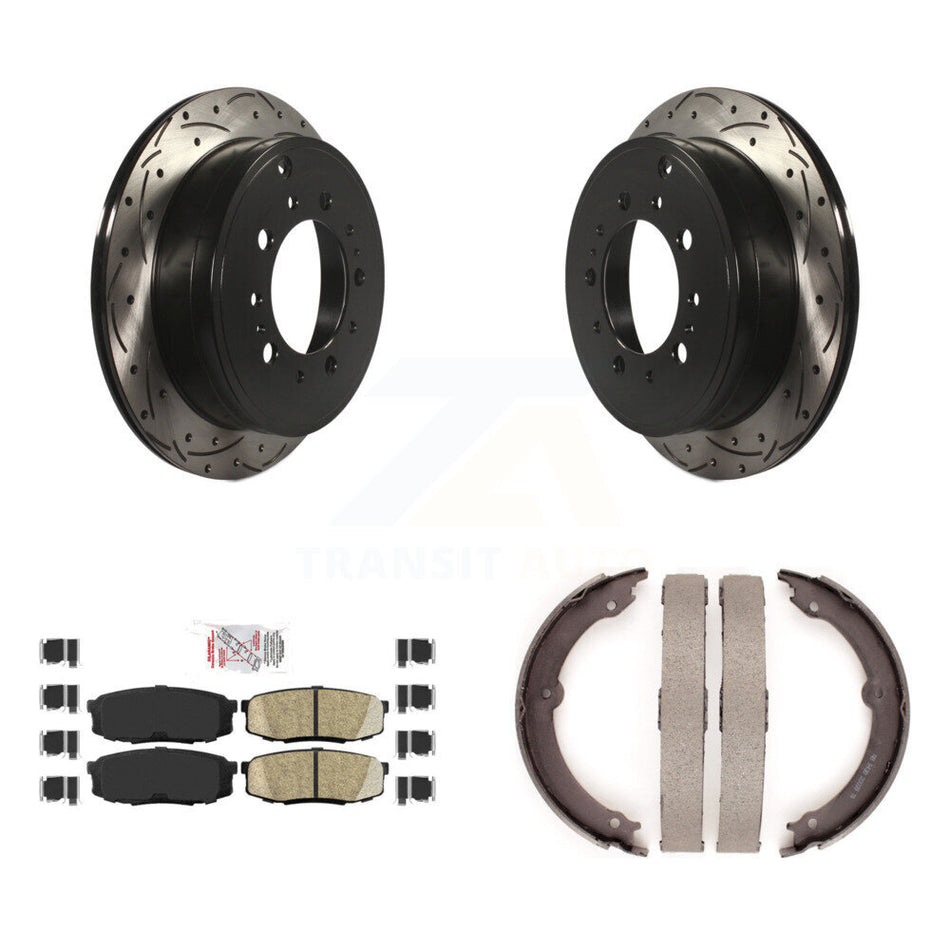 Rear Disc Drilled & Slotted Rotors Ceramic Pads Parking Shoes Kit For Toyota Tundra Lexus KDA-103470