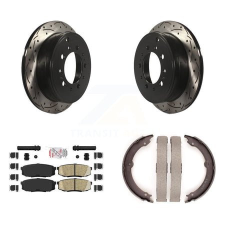 Rear Disc Drilled & Slotted Rotors Ceramic Pads Parking Shoes Kit For Toyota Tundra Lexus KDA-103471