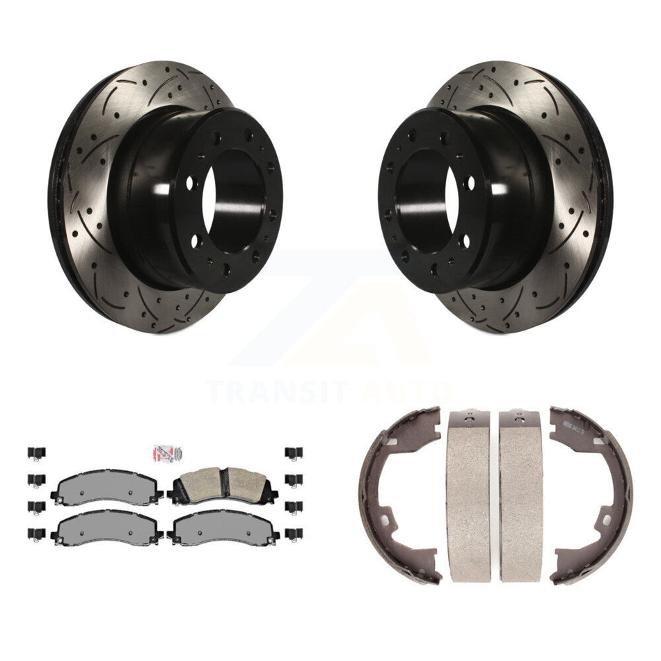 Rear Disc Drilled & Slotted Rotors Semi-Metallic Pads Parking Shoes Kit For Ram 2500 3500 KDA-103473