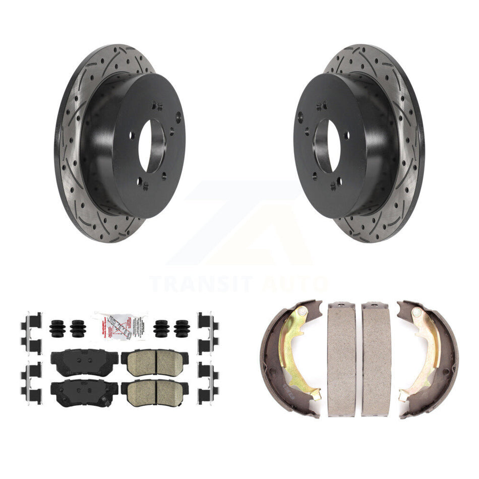 Rear Disc Drilled & Slotted Rotors Ceramic Pads Parking Shoes Kit For Hyundai Tucson Kia KDA-103478