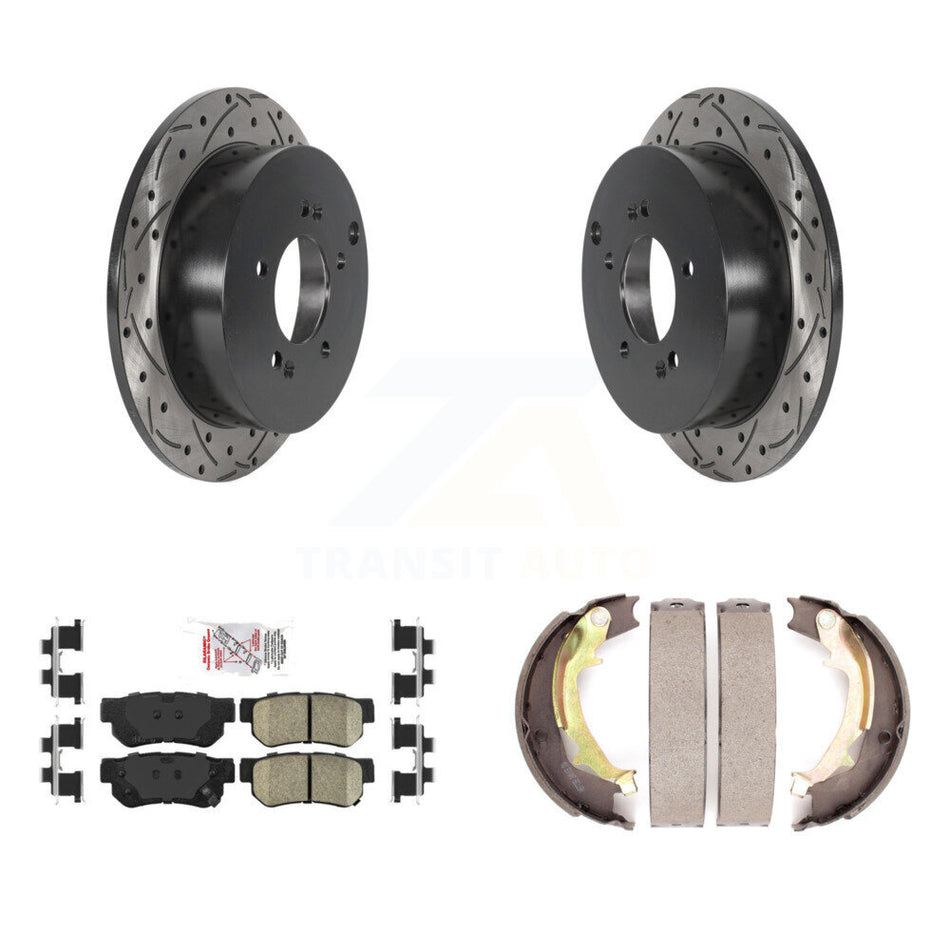 Rear Disc Drilled & Slotted Rotors Ceramic Pads Parking Shoes Kit For Hyundai Tucson Kia KDA-103479