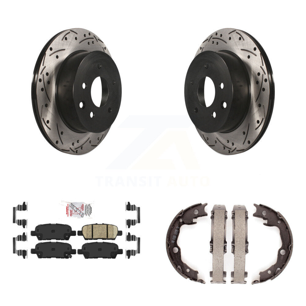 Rear Disc Drilled & Slotted Rotors Ceramic Pads Parking Shoes Kit For Nissan Rogue LEAF KDA-103488