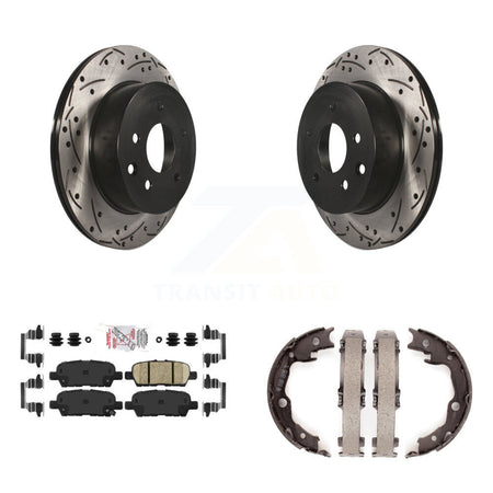 Rear Disc Drilled & Slotted Rotors Ceramic Pads Parking Shoes Kit For Nissan Rogue LEAF KDA-103489