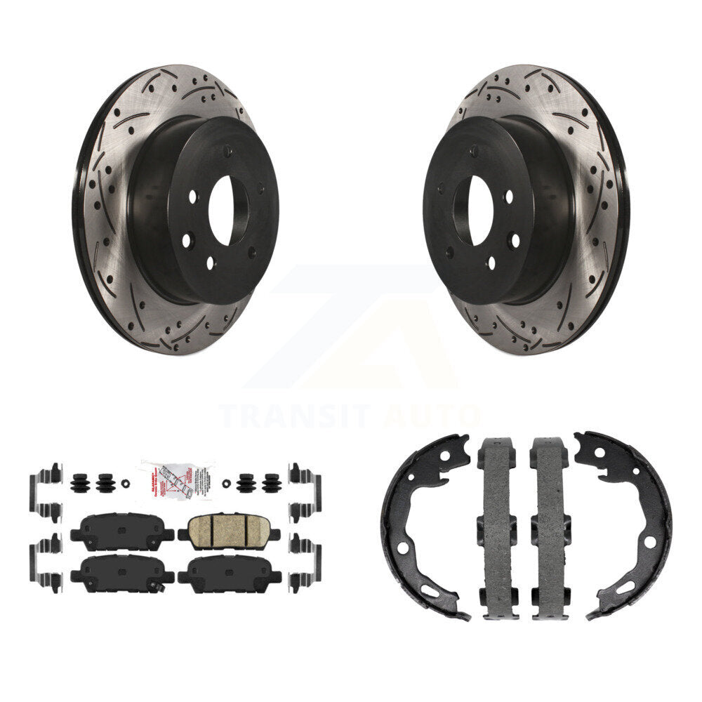 Rear Disc Drilled & Slotted Rotors Ceramic Pads Parking Shoes Kit For Nissan Rogue Sport KDA-103493