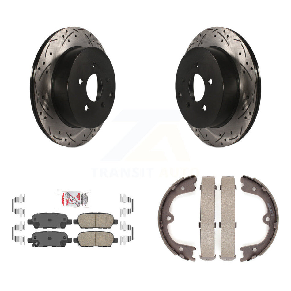 Rear Disc Drilled & Slotted Rotors Ceramic Pads Parking Shoes Kit For 09-12 INFINITI FX35 KDA-103503