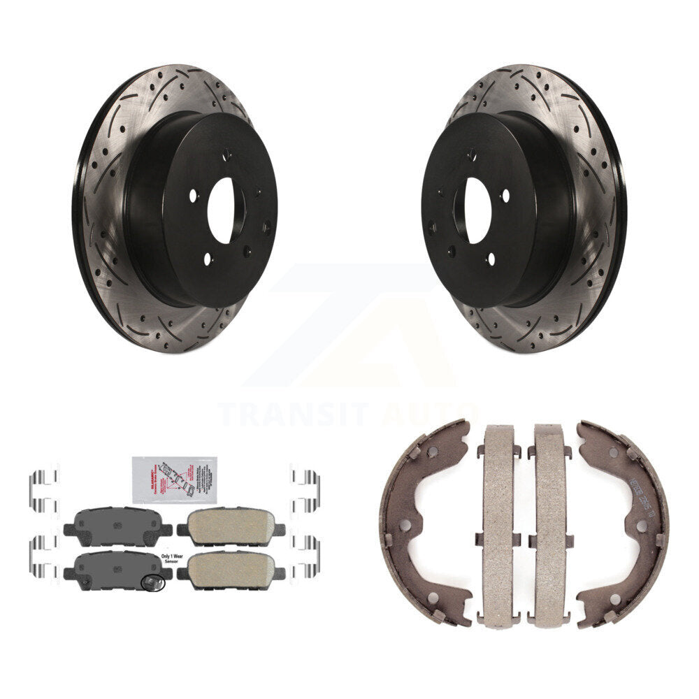 Rear Disc Drilled & Slotted Rotors Ceramic Pads Parking Shoes Kit For INFINITI FX35 FX45 KDA-103504
