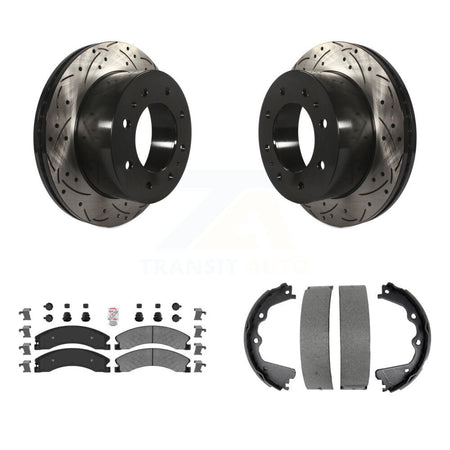 Rear Disc Drilled & Slotted Rotors Semi-Metallic Pads Parking Shoes Kit For GMC Sierra HD KDA-103514