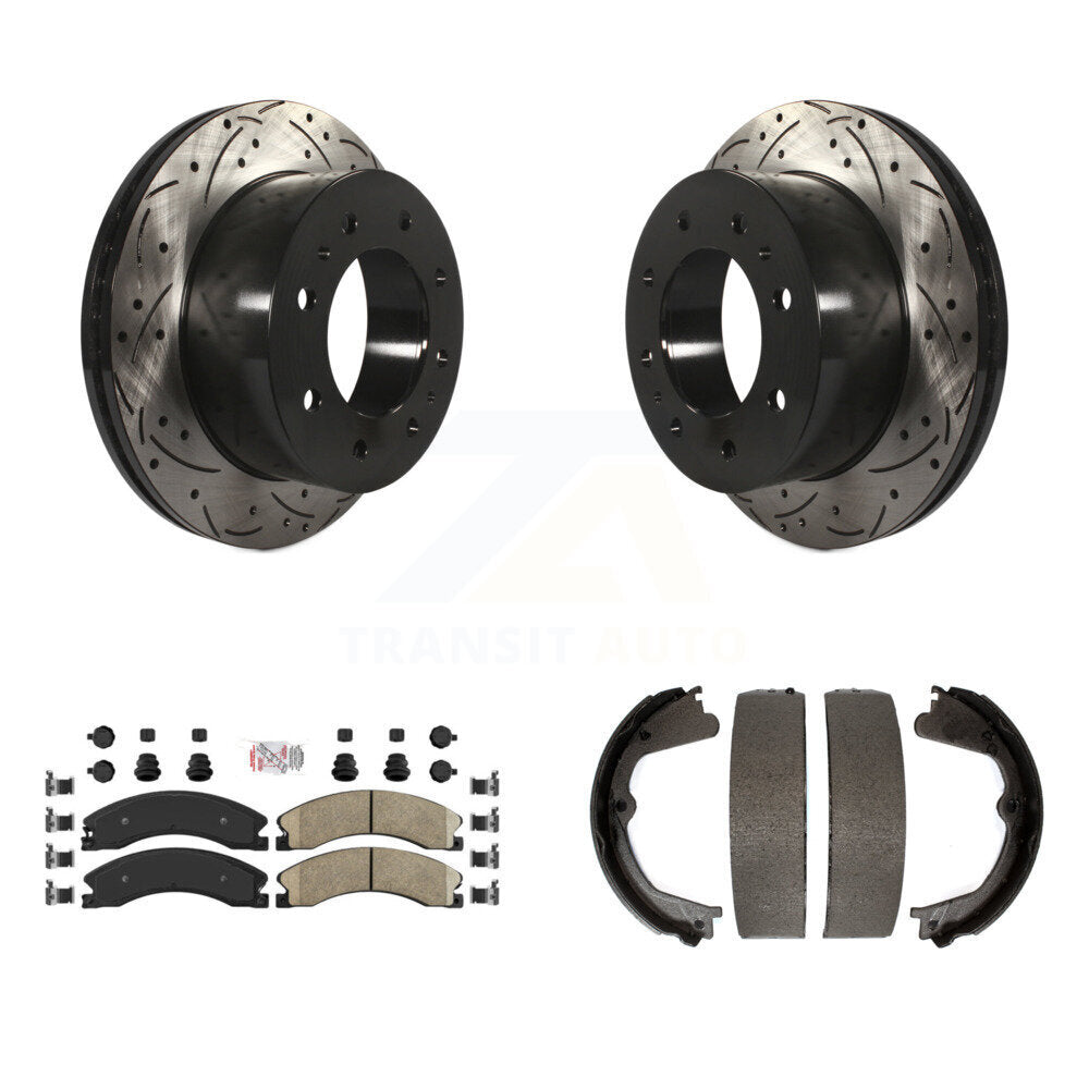 Rear Disc Drilled & Slotted Rotors Ceramic Pads Parking Shoes Kit For Chevrolet Silverado KDA-103516