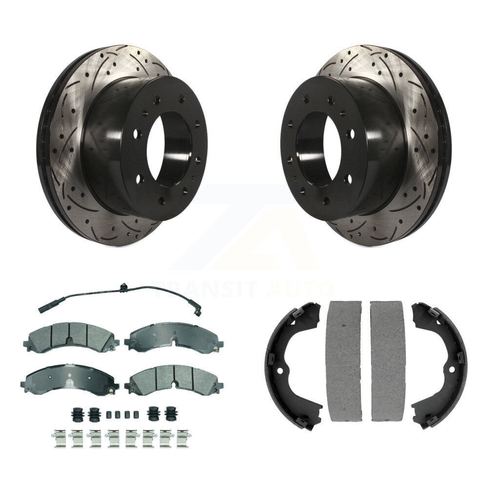Rear Disc Drilled & Slotted Rotors Semi-Metallic Pads Parking Shoes Kit For GMC Chevrolet KDA-103518