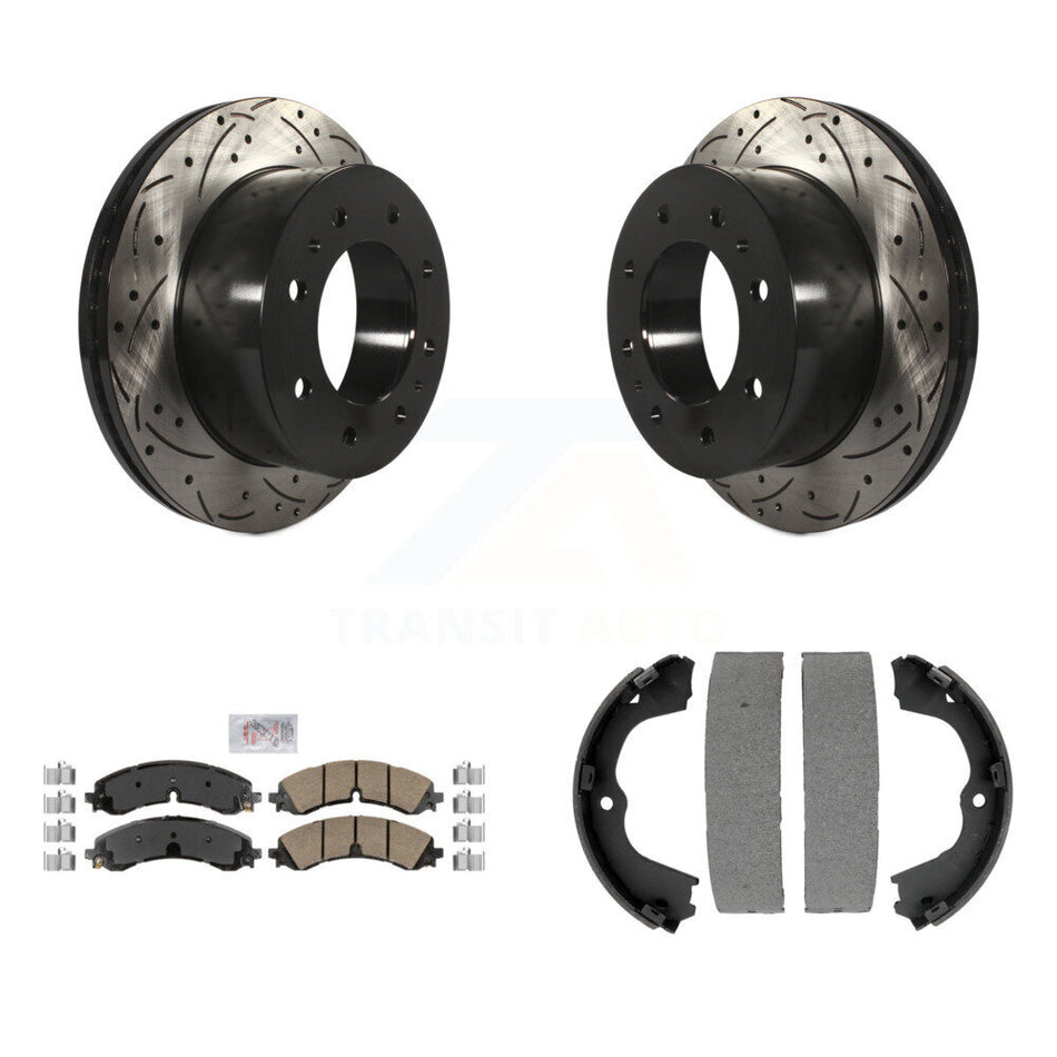 Rear Disc Drilled & Slotted Rotors Ceramic Pads Parking Shoes Kit For GMC Chevrolet 2500 KDA-103519