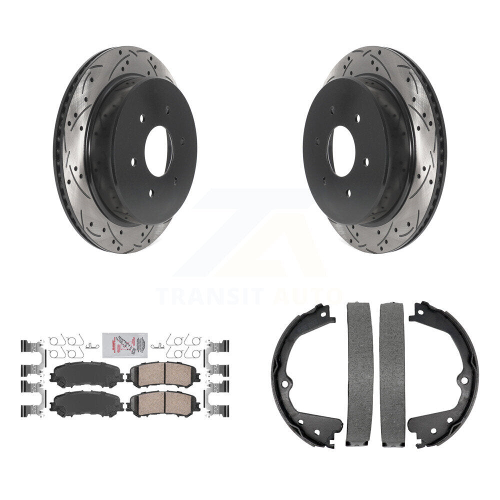 Rear Disc Drilled & Slotted Rotors Ceramic Pads Parking Shoes Kit For 17-23 Nissan TITAN KDA-103520