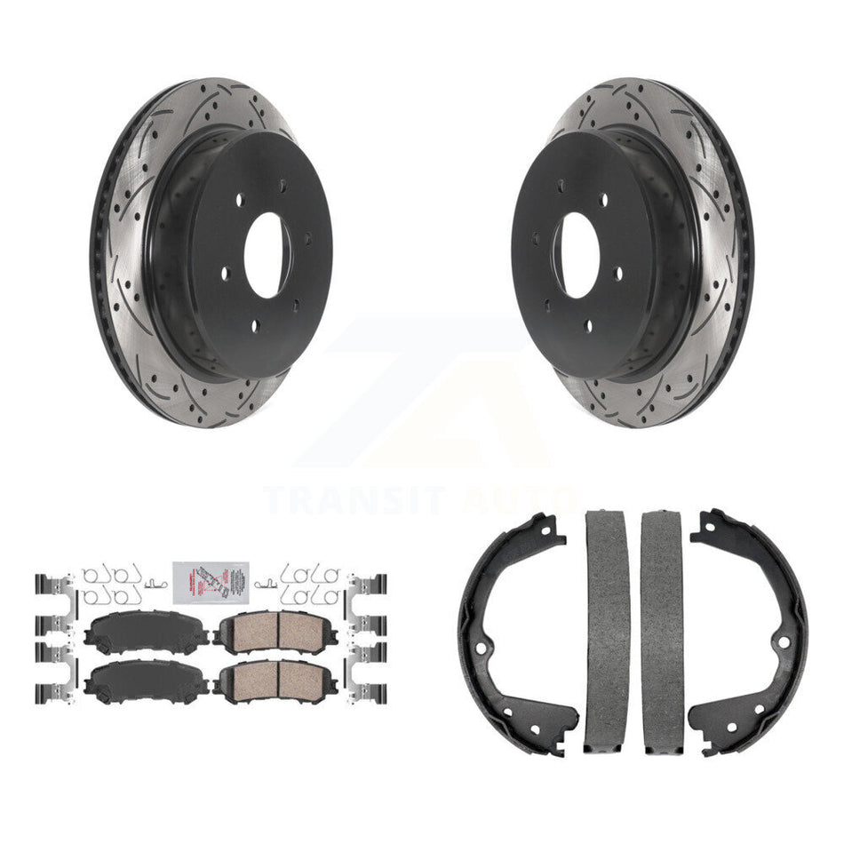 Rear Disc Drilled & Slotted Rotors Ceramic Pads Parking Shoes Kit For 17-23 Nissan TITAN KDA-103520