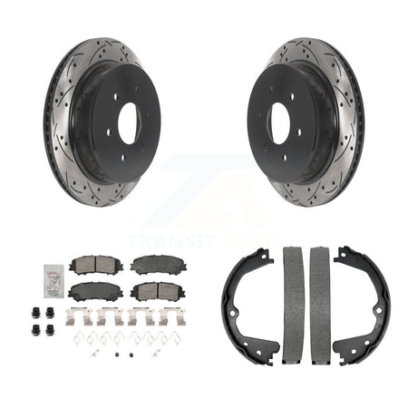 Rear Disc Drilled & Slotted Rotors Ceramic Pads Parking Shoes Kit For 17-23 Nissan TITAN KDA-103521