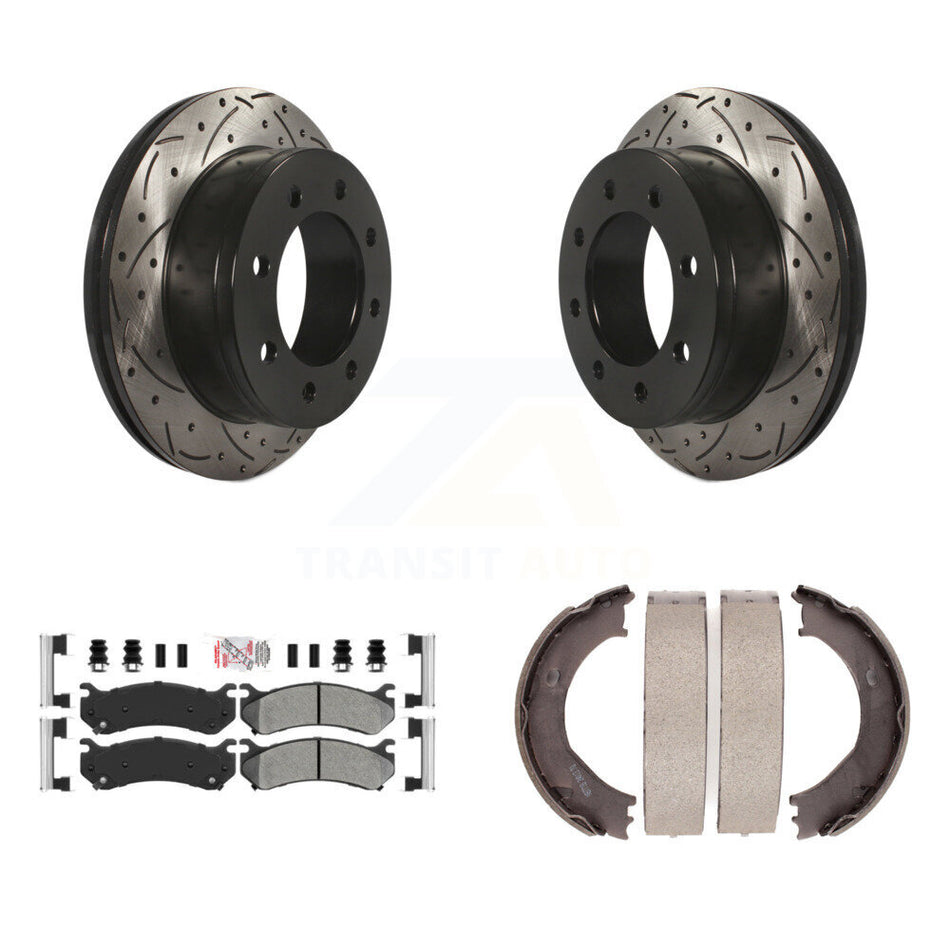 Rear Disc Drilled & Slotted Rotors Semi-Metallic Pads Parking Shoes Kit For Chevrolet GMC KDA-103525