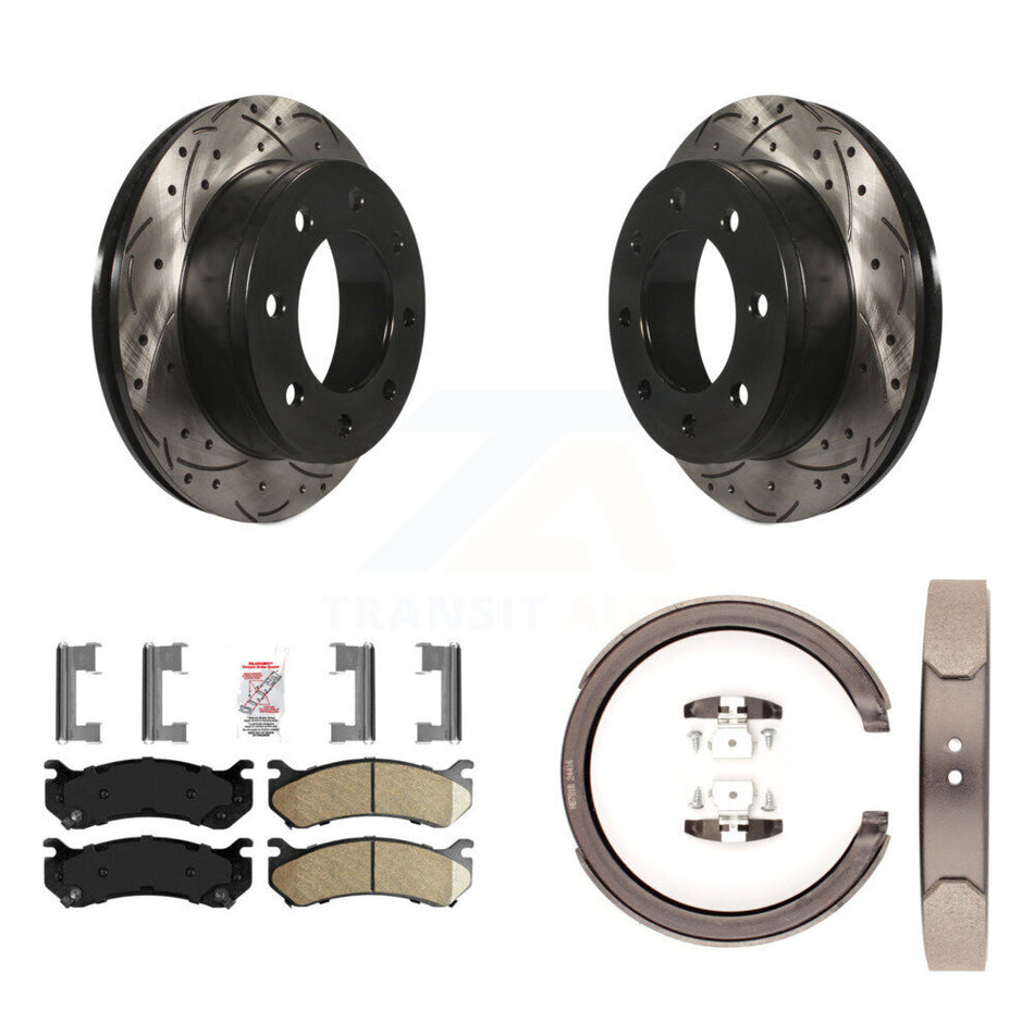 Rear Disc Drilled & Slotted Rotors Ceramic Pads Parking Shoes Kit For GMC Chevrolet 1500 KDA-103526