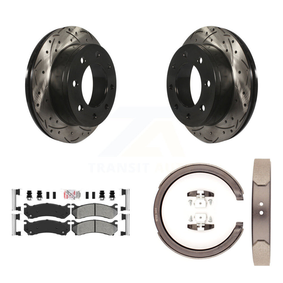 Rear Disc Drilled & Slotted Rotors Semi-Metallic Pads Parking Shoes Kit For GMC Chevrolet KDA-103527