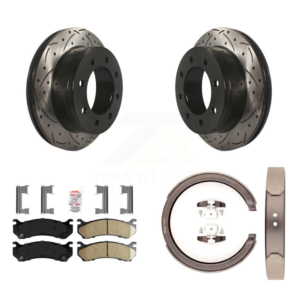 Rear Disc Drilled & Slotted Rotors Ceramic Pads Parking Shoes Kit For GMC Sierra 2500 XL KDA-103528