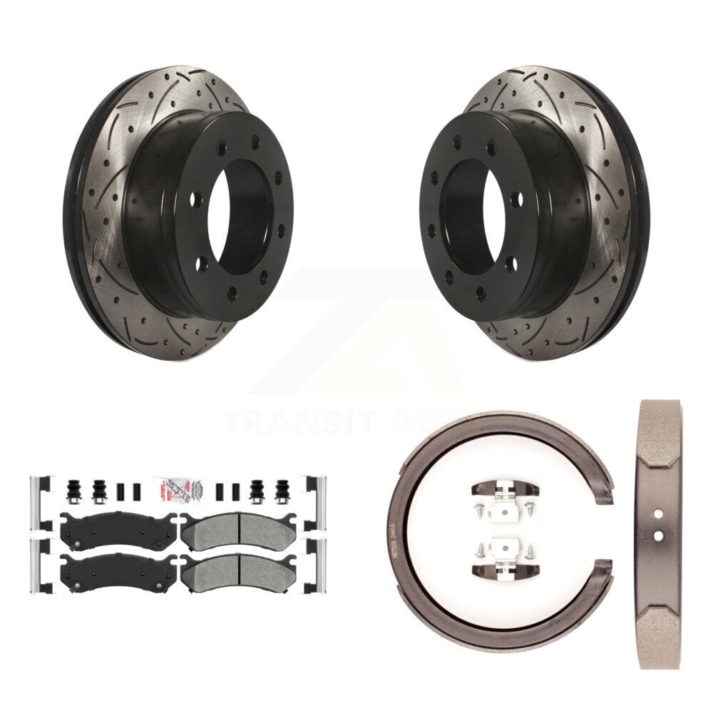Rear Disc Drilled & Slotted Rotors Semi-Metallic Pads Parking Shoes Kit For GMC Sierra XL KDA-103529