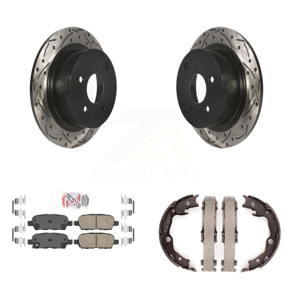 Rear Disc Drilled & Slotted Rotors Ceramic Pads Parking Brake Shoes Kit For Nissan Sentra KDA-103533