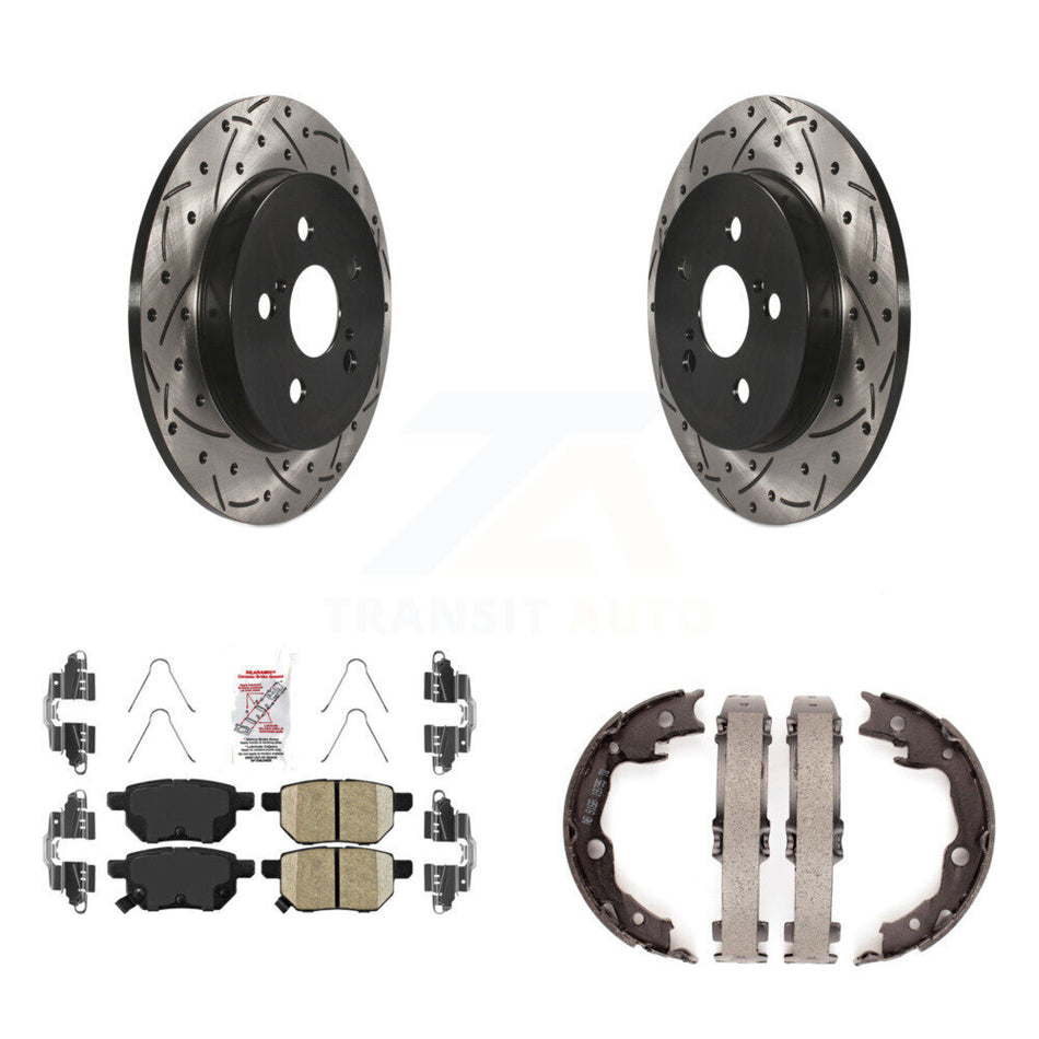 Rear Disc Drilled & Slotted Rotors Ceramic Pads Parking Shoes Kit For Toyota Matrix Vibe KDA-103539