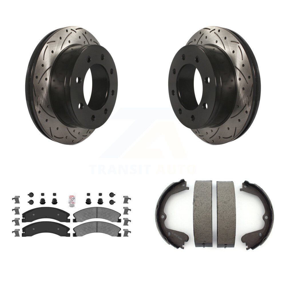 Rear Disc Drilled & Slotted Rotors Semi-Metallic Pads And Parking Brake Shoes Kit For KDA-103543