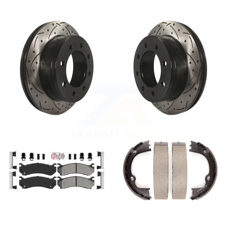 Rear Disc Drilled & Slotted Rotors Semi-Metallic Pads Parking Shoes Kit For GMC Chevrolet KDA-103545