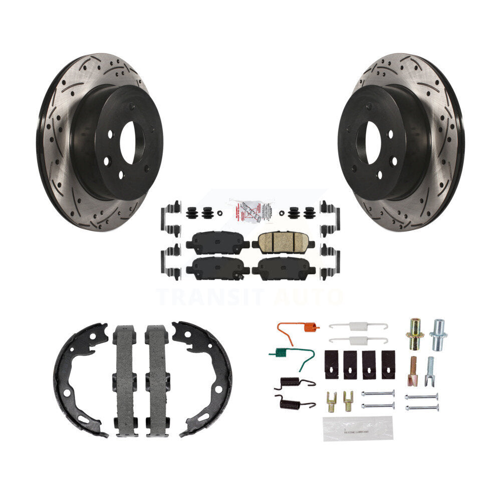 Rear Disc Drilled & Slotted Rotors Ceramic Pads Parking Brake Shoes And Hardware Kit For KDA-103547