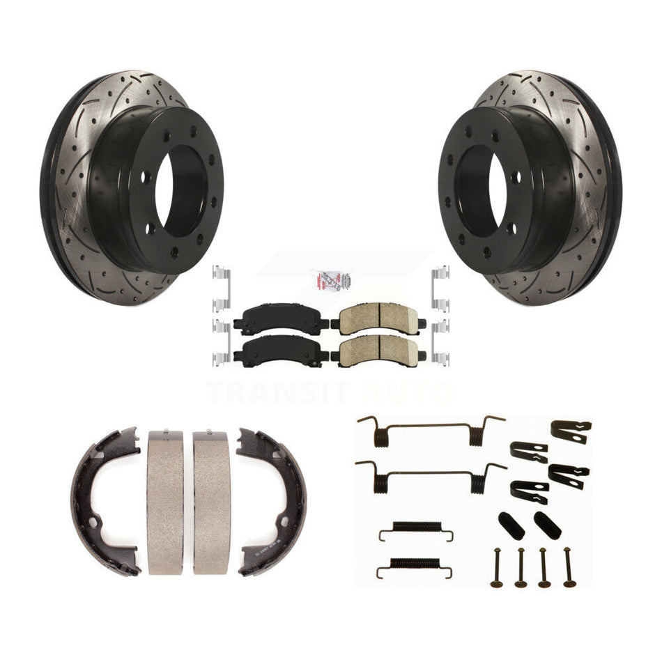 Rear Disc Drilled & Slotted Rotors Ceramic Pads Parking Shoes Hardware Kit For Chevrolet KDA-103550