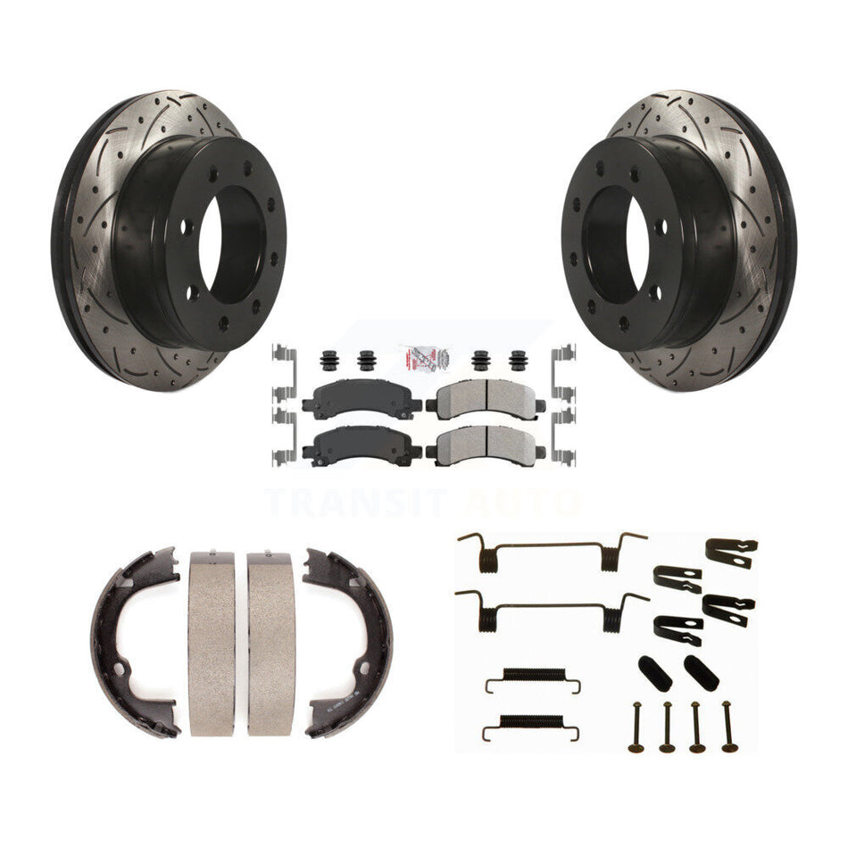 Rear Disc Drilled & Slotted Rotors Semi-Metallic Pads Parking Shoes Hardware Kit For GMC KDA-103551