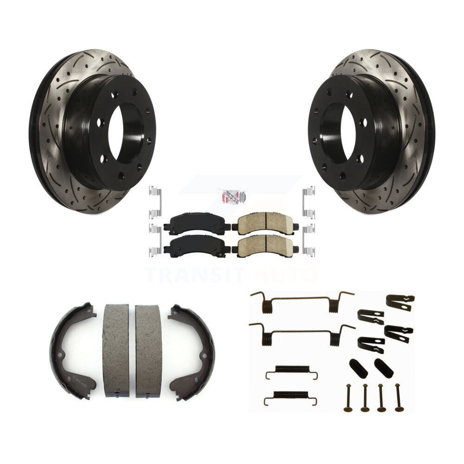 Rear Disc Drilled & Slotted Rotors Ceramic Pads Parking Brake Shoes And Hardware Kit For KDA-103552