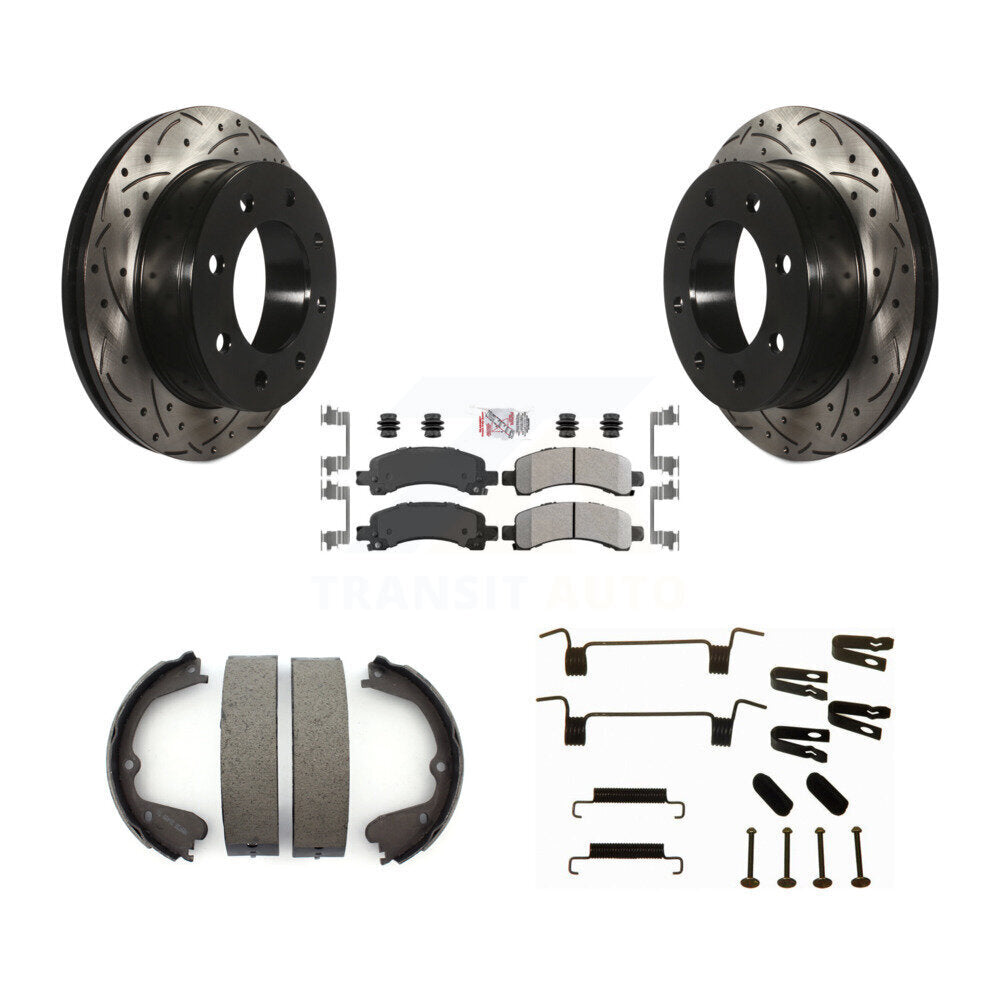 Rear Disc Drilled & Slotted Rotors Semi-Metallic Pads Parking Shoes And Hardware Kit For KDA-103553