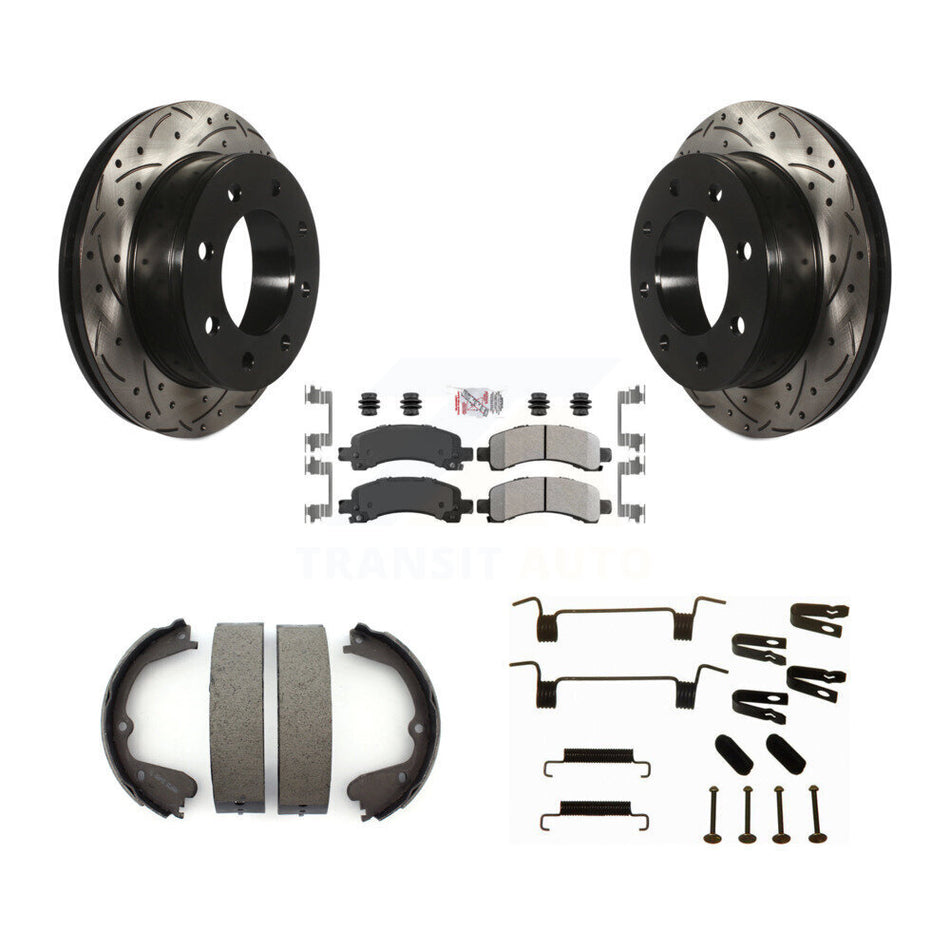 Rear Disc Drilled & Slotted Rotors Semi-Metallic Pads Parking Shoes And Hardware Kit For KDA-103553