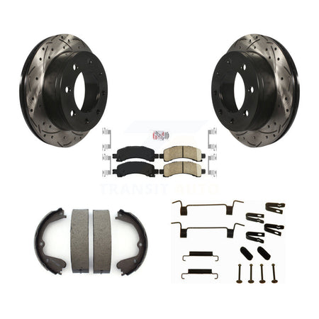 Rear Disc Drilled & Slotted Rotors Ceramic Pads Parking Brake Shoes And Hardware Kit For KDA-103554