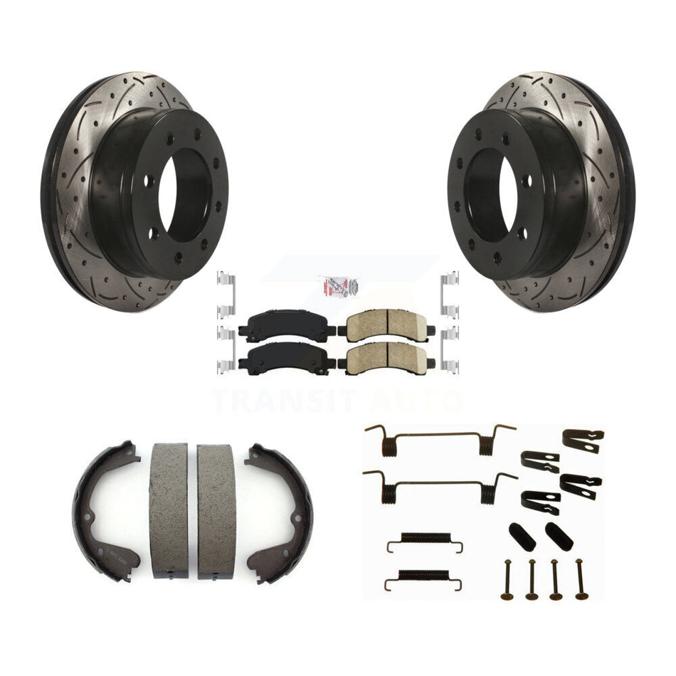 Rear Disc Drilled & Slotted Rotors Ceramic Pads Parking Brake Shoes And Hardware Kit For KDA-103556